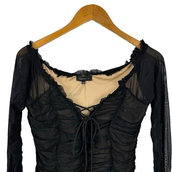 Majorelle Jardin Darling Ruched Dress in Black Lace Up Front Bodycon Size Large - Picture 3 of 15